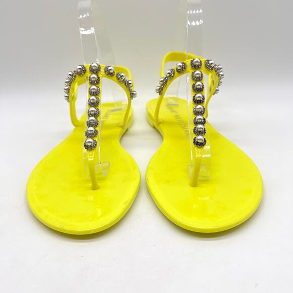 STUART WEITZMAN Goldie Pearl Crystal Jelly Sandals Womens 8 Neon Yellow T-strap - Picture 2 of 12